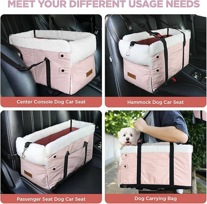 Center Console Dog Car Seat for Small Dogs,PU Leather Small Dog Car Booster Seat,Washable Foldable with Safe Protection Hooks Adjustable Straps and Storage Pocket Pet Up to 15lbs-Pink