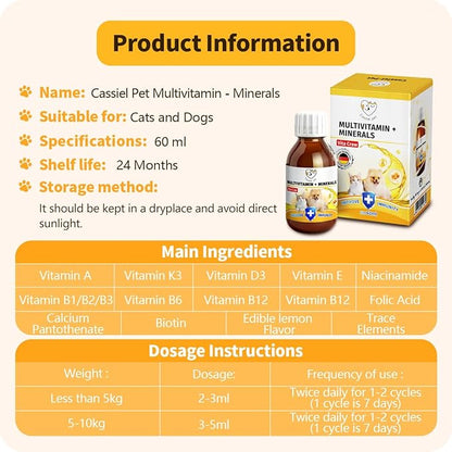 Multivitamins Supplement for UTIs & Allergy Relief, Skin & Coat Care, Hip & Joint Supplement, Immunity Boosting & Digestive Aid for Dogs & Cats 2.03 Fl Oz (1 Bottle)