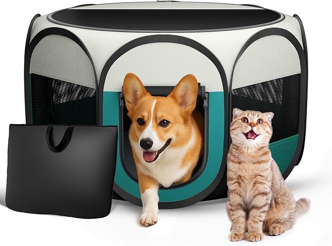 Foldable Pet Playpen for Cat Dog - Portable Cats Dogs Kennel Pop Up Dog Playpens, Medium Pets CrateTent Cage with Carrying Case for Outdoor Travel