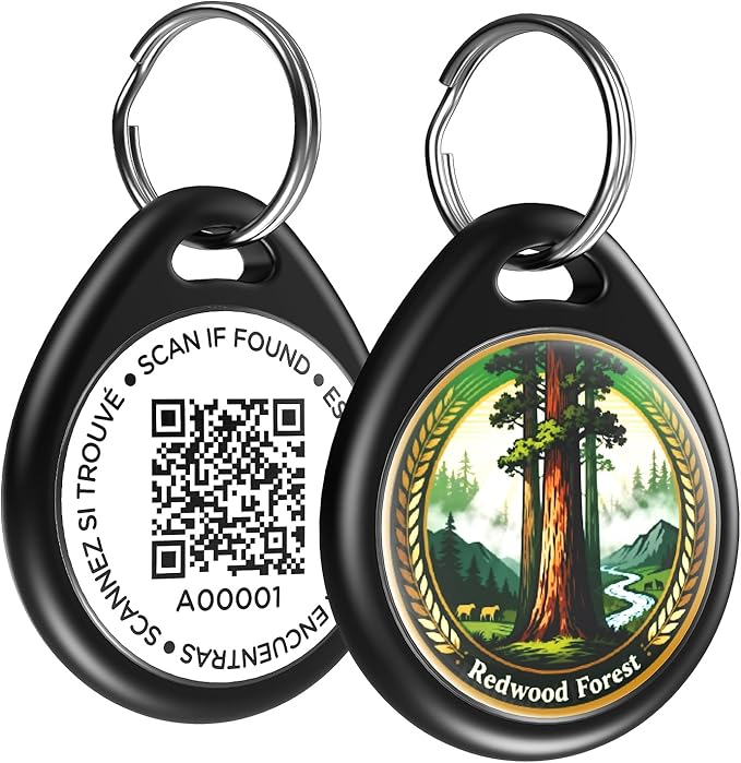 Dog Tags Personalized for Pets, Redwoods QR Code Dog Name Tags for Pet Collar, Online Profile, Scan Location Alerts, (Black Redwoods)
