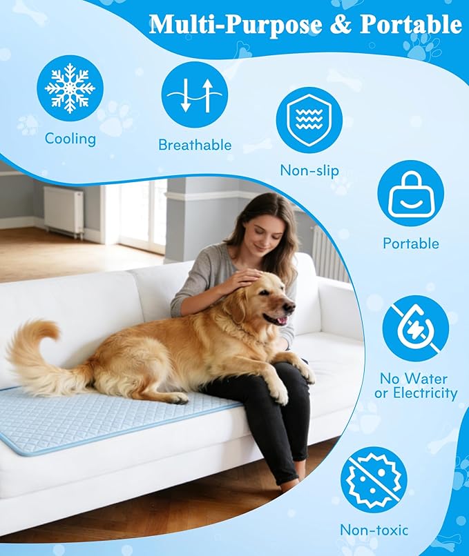 Upgraded Dog Cooling Mat for Medium Dogs Cats,Q-Max>0.45 Chill Cool Fiber Rapid Cooling,Breathable Non-Slip Crate Pad,Portable Washable Kennel Bed for Summer Indoor Outdoor,29.5×18.8in,Light Blue