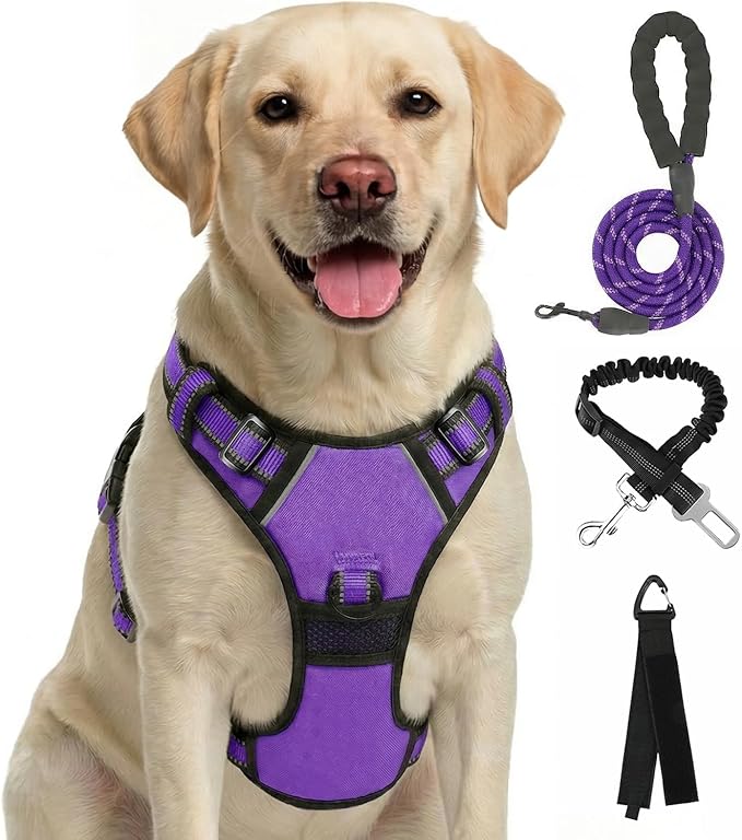 FURRYFECTION Plaid Dog Harness for Large Dogs, Reflective No Pull Adjustable Pet Vest with Front Clip, Leash, Easy Control Handle and Seat Belt, Purple, L
