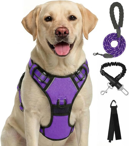 FURRYFECTION Plaid Dog Harness for Large Dogs, Reflective No Pull Adjustable Pet Vest with Front Clip, Leash, Easy Control Handle and Seat Belt, Purple, XL