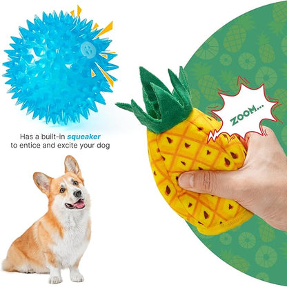 No Stuffing 3pc Squeaky Dog Toys 2 in 1 Interactive Plush Dog Toy Pineapple Shaped Rip&Reveal Toy for Boredom- Perfect for Chew&Fetch Play