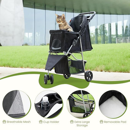 SMUG 3 Wheels Pet Stroller, Dog and Cat Strollers with Storage Basket & Cup Holder, Breathable Mesh, Lightweight Travel Carrier, Waterproof and Foldable for Small Pets Outdoor Walk, Black