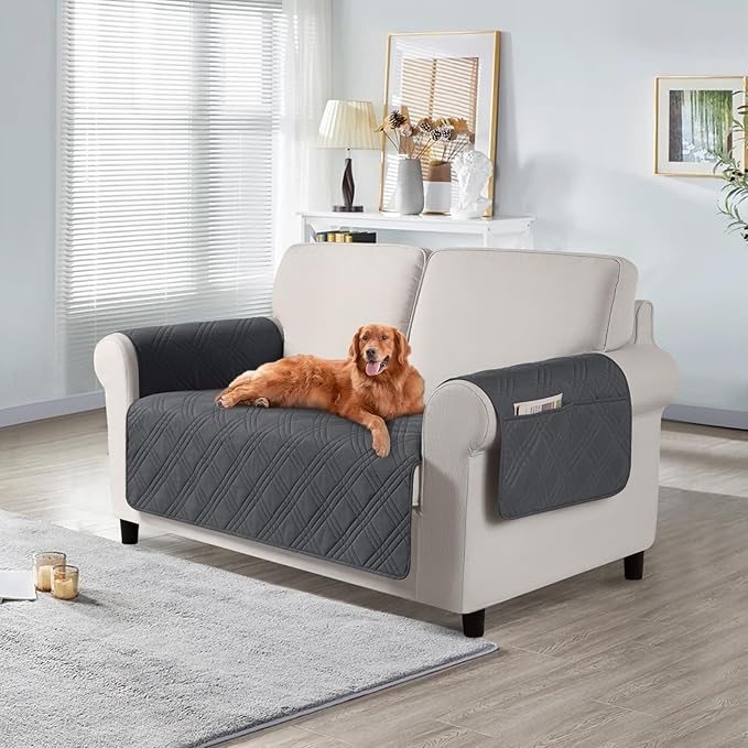 TAOCOCO Waterproof Loveseat Covers for Pets Dogs with Non Slip Backing, Sofa Seat Covers with Side Pocket for 2 Cushion Couch Washable Dog Couch Cover Sofa Slipcovers(Loveseat, Charcoal Gray)