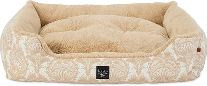 Nicole Miller NEW YORK PET Mod Damask Plushy Bolster Pet Bed, Cozy & Calming, Non-Slip Bottom, Machine Washable Cover, Taupe, Large 35"x28"x8"