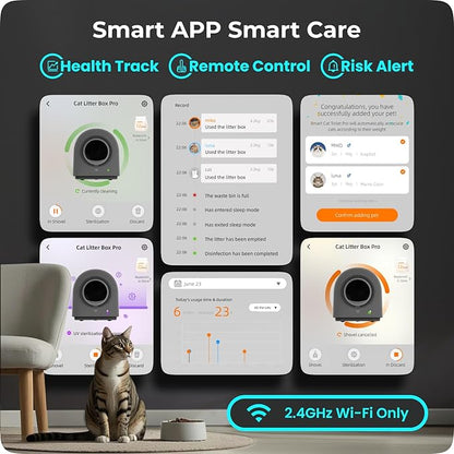 HHOLOVE TYPro Self Cleaning Cat Litter Box Automatic Hands-Free Smart Robot self Cleaning Cat Litter Box for Multiple Cats with APP Control Safe with Litter Mat Waste Bags and Deodorizer Dark Grey