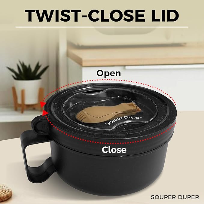 Souper Duper Ramen Bowl Set with Utensil • Heat & Eat Noodles in the Same Soup Bowl • Meal Prep Containers with Lids • Lunch Containers • Microwave, Freezer, Dishwasher Safe (Black)