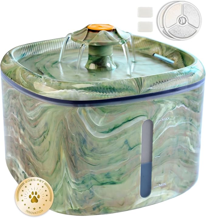 Cat Water Fountain,2.5L/84oz Cat Fountain for Drinking with Rotating Attractor & Camouflage Green Design –Automatic Pet Water Dispenser Bowl (Green+2Filters)