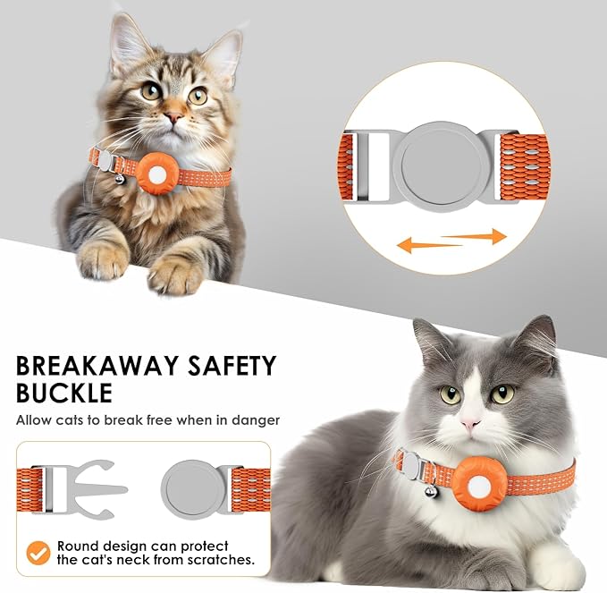 GPS Tracker for Cats, Waterproof Pet GPS Tracker with Safety Elastic Buckle, Compatible with Apple Find My App (Only iOS), No Monthly Fee, Orange