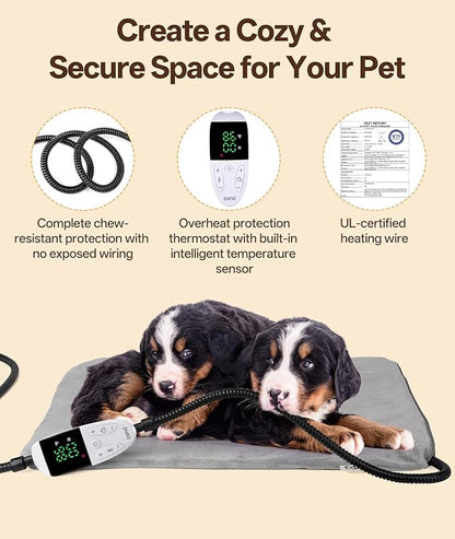 Ringco Pet Heating Pad for Cats & Small Dogs with 12 Adjustable Temperature, Waterproof & Chew Resistant Cat Heating Pad with Timer, Heated Cat Bed with Fleecy Cover (S: 20” x 16”)