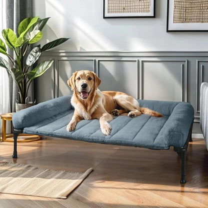 Veehoo Orthopedic Elevated Dog Bed with Fluffy Plush Bolster Cushion, Indoor Raised Dog Beds for Large Dogs, Soft Pet Sofa Cot with Removable Washable Mat, No-Slip Feet, 42 x 30 inches, Haze Blue