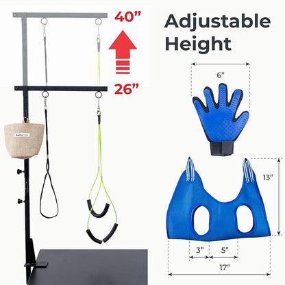 Adjustable Dog Grooming Arm with Clamp, Small Dog Sling for Nail Trimming Hammock, No-Sit Haunch Holder Leash Loops, De-Shedding Glove, Tool Hanging Hooks, Table Clamps - Full Pet Grooming Kit