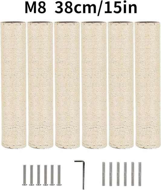 BNOSDM 6 Pack 15”x2.75” M8 Cat Tree Scratching Post Replacement Parts for Indoor Cats Tower Rope Scratch Poles Refill Sisal Pole Part for Refurbishment Accessories Spare