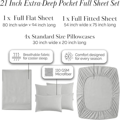 Southshore Fine Living, Inc. 6-Piece Extra Deep Pocket Sheets Set, Full Size Hotel Quality Grey Sheets, Soft Microfiber Full Size Bed Set with Flat and Fitted Sheet, 4 Pillowcases, Light Grey