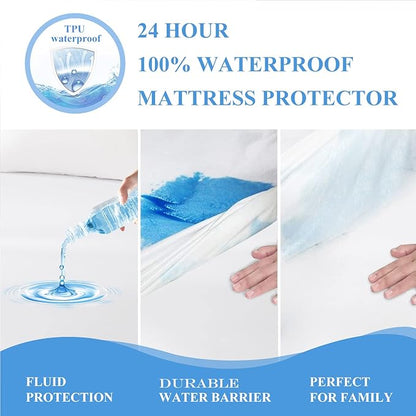 Queen Waterproof Mattress Protector - Noiseless, Breathable, Machine Washable Fitted Mattress Cover with Deep Pocket up to 5”-21”（White）