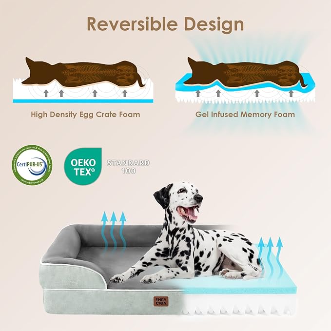 EHEYCIGA Orthopedic Dog Beds for Large Dogs, Waterproof Memory Foam Large Pet Bed with Sides, Non-Slip Bottom and Egg-Crate Foam Dog Couch Bed with Washable Removable Cover, Greyish Green