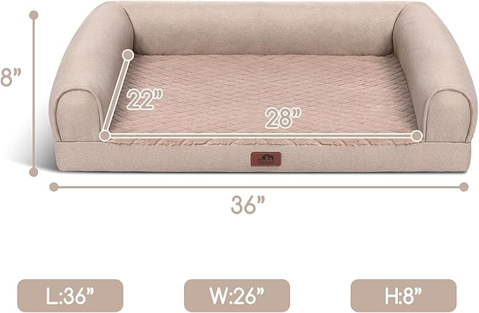 Hollypet Orthopedic Dog Bed for Large Dogs, Supportive Foam Dog Pet Couch with Removable Washable Cover and Non-Slip Bottom, Waterproof Lining Pet Sofa Bed, Khaki, L (36 * 26 * 8)
