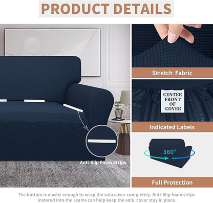 Easy-Going 100% Waterproof Oversized Loveseat Couch Cover, Dual Waterproof Sofa Cover, Stretch Jacquard Sofa Slipcover, Leakproof Furniture Protector for Kids, Pets, Dog and Cat, Dark Blue