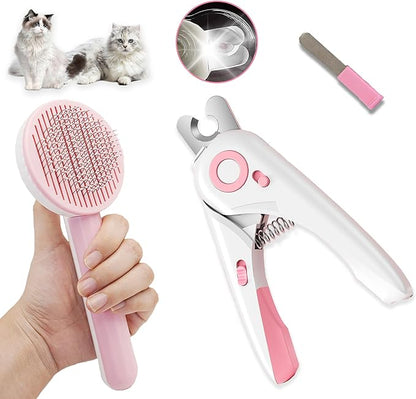 Self Cleaning Cat Brush for Shedding, LED Light Nail Clipper, Nail Clipper and Nail File, Slicker Brushes and Nail Trimmer for Long Haired Cats, Grooming Kit, Cat Lover Gifts
