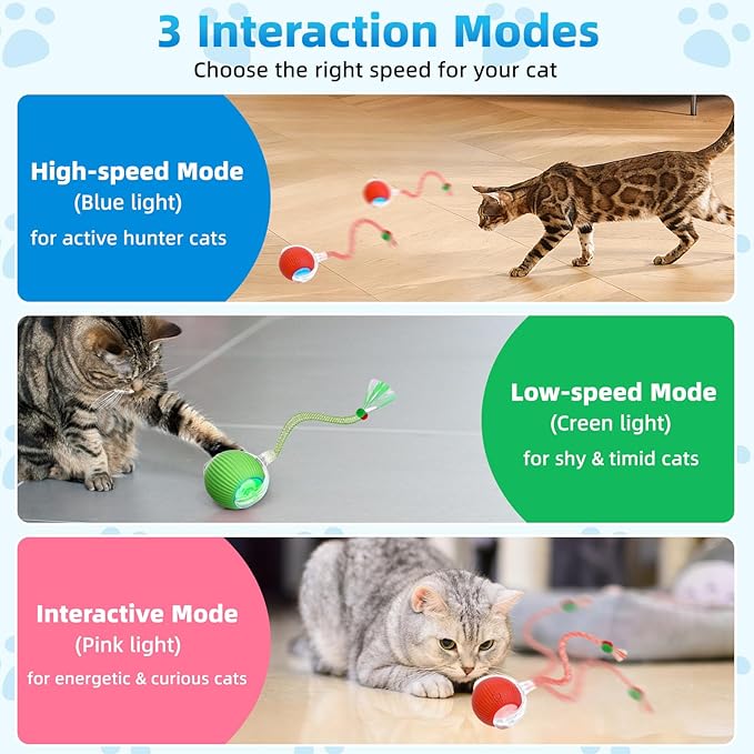 Interactive Cat Toys for Indoor Cats, Automatic Kitten Toys for Bored Indoor Adult Cats, Smart Kitten Rolling Ball Moving Balls Toy, Rechargeable Dog Cat Ball for Enrichment Exercise (Red+Green)