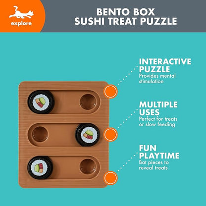 Quirky Kitty Sushi Hunter Bento Box Puzzle - Interactive Treat Puzzle Toy with Catnip Packet for Mental Engagement and Slow Feeding
