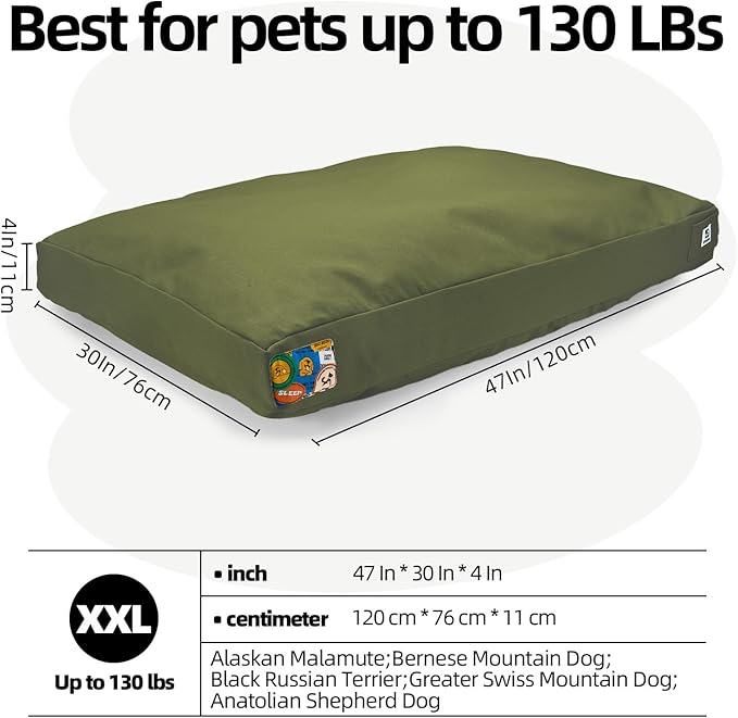 Sytopia 47 Inch Canvas Indestructible Outdoor Dog Bed for XXL Dogs, Chew Proof Dog Bed with Waterproof Washable Removable Cover, Indoor Patio Pet Pad for Crate, Green