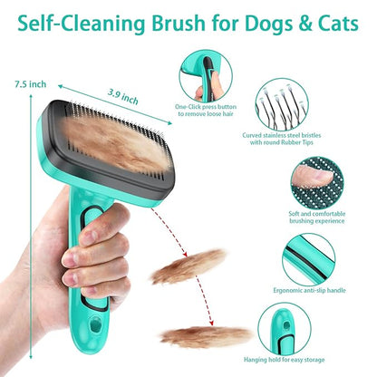 5 PCS Self Cleaning Slicker Brush & Pet Grooming Rake & Bath Brush & Nail Clippers & Pet Comb for Dogs and Cats,Professional Deshedding Dematting Tool for Long and Short Haired Pets