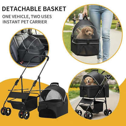 3-in-1 Pet Stroller for Small/Medium Dogs Cats,4 Wheels,Detachable Carrier Basket,Breathable Mesh,Storage Basket,Cup Holder,Weather Cover,Black