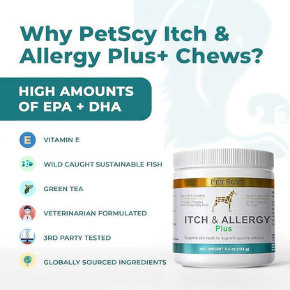 PetScy Itch & Allergy Plus Dog Allergy Chews for Itchy Skin, Ears & Paws | Colostrum, Probiotics & Quercetin | Dog Allergy Relief for Skin Redness, Hair Loss, Immunity and Digestive Health - 60 Chews