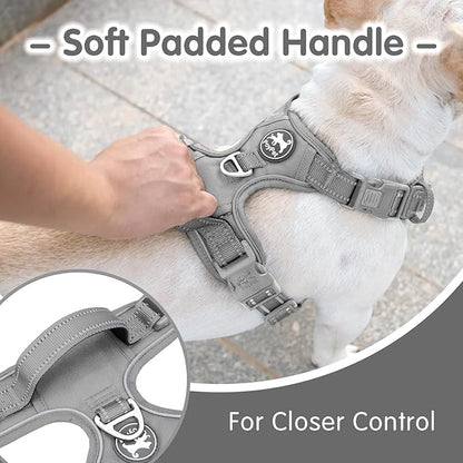 PoyPet No Pull Dog Harness and 5 Feet Leash Set, Release on Neck Reflective Adjustable Pet Vest, Front & Back 2 D-Ring and Soft Padded Pet Harness with Handle for Small to Large Dogs(Grey,M)