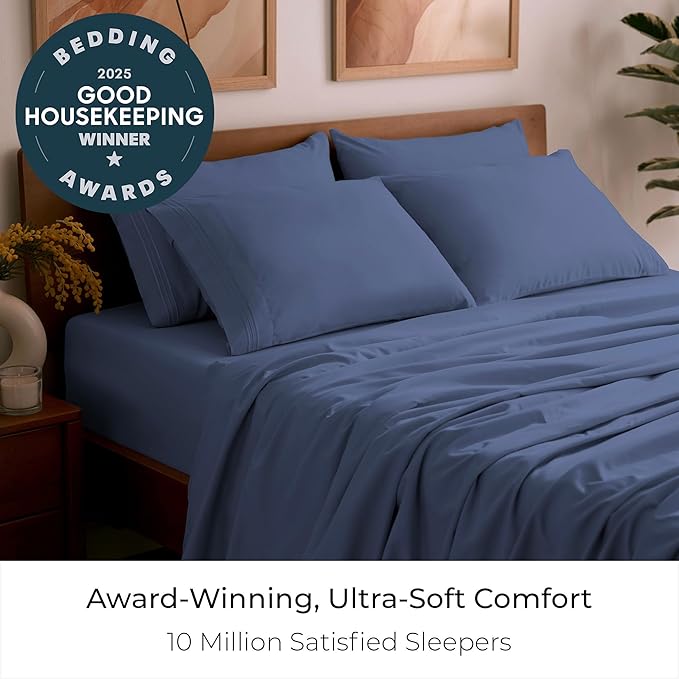 Mellanni Full Sheet Set - 6-Piece Iconic Collection Bedding, (Including 4 Pillowcases), 21-Inch Extra Deep Pocket, Easy Care, Ultra Soft, Cooling Sheets, Brushed Microfiber - Blue Nova