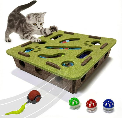 Interactive Soft Felt Cat Puzzle Toy with Ball and Bell，Cat Toy Box for Indoor Cats and Kittens，Indoor Hunting Play Toy to Stimulate Your Cat’s Energy and Instincts (Green+Orange Power Ball)