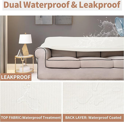 Easy-Going 100% Waterproof Couch Cover, Dual Waterproof Sofa Cover, Stretch Jacquard Sofa Slipcover, Leakproof Furniture Protector for Kids, Pets, Dog and Cat (Sofa, Cream)