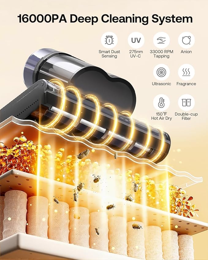 Trucozie Mattress Vacuum Cleaner, 16Kpa Bed Vacuum with Smart Dust Sensor, Anion & Aromatherapy, 275nm UV Light, 149℉ Heat & Ultrasonic & Tapping, Corded for Bed Sofa Couch Pet Hair, Black