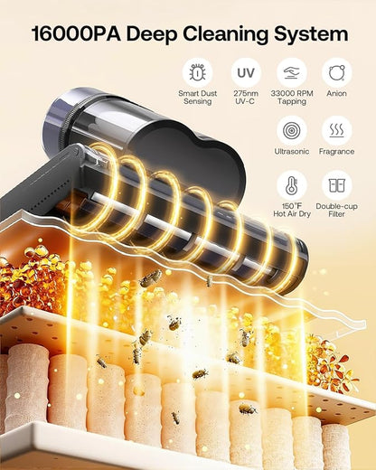 Trucozie Mattress Vacuum Cleaner, 16Kpa Bed Vacuum with Smart Dust Sensor, Anion & Aromatherapy, 275nm UV Light, 149℉ Heat & Ultrasonic & Tapping, Corded for Bed Sofa Couch Pet Hair, Black