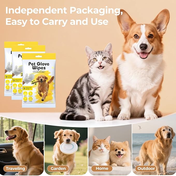 Pet Glove Wipes for Dogs Cats, Dog Cleaning Gloves, Dog Wipes Cleaning Deodorizing, Pet Wipes for Dogs Cats, Extra Thick, Unscented Rinse Free Nourish Fur Glove Wipes for Daily Care and Traveling-6pcs
