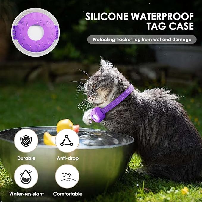 Cat Tracker, GPS Tracker Compatible with Apple Find My App(Only iOS), Waterproof Cat Trackers Collar with Bell and Safety Elastic Buckle, No Monthly Subscription Fee Pet Tracker, Purple