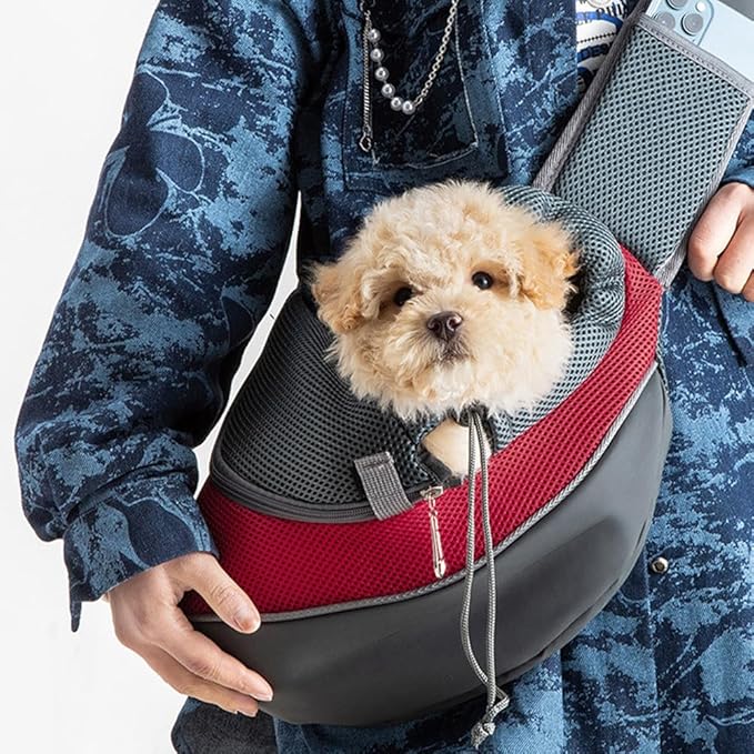 Pet Sling Carrier for Small Dogs & Cats, Hands-Free Drawstring Cat Travel Bag with Adjustable Strap, Soft Breathable Mesh Carring Holder with Safety Hook & Zipper, Suitable for Puppies, Kitten