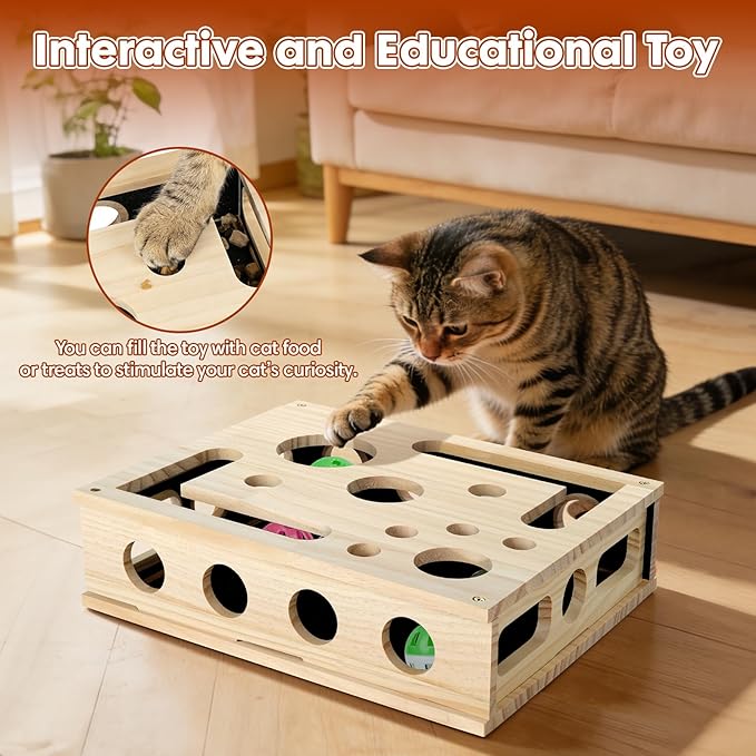 YooxArmor Cat Scratch Puzzle Box, Solid Wood Enrichment Toy with Sandpaper Nail Filer, Stress-Free Claw Care for Indoor Cats
