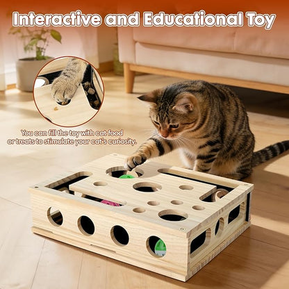 YooxArmor Cat Scratch Puzzle Box, Solid Wood Enrichment Toy with Sandpaper Nail Filer, Stress-Free Claw Care for Indoor Cats