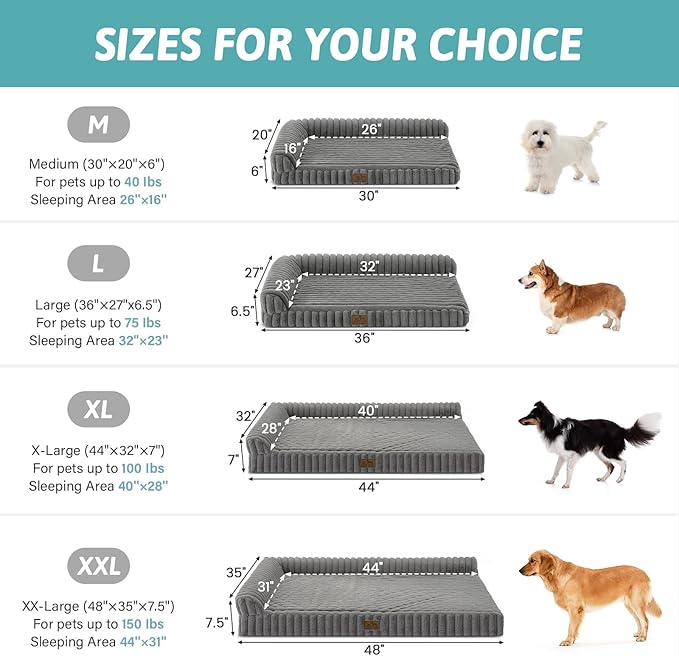 COZY KISS Cute Dog Bed, Faux Rabbit Fur Orthopedic Foam Dog Bed with Sides, Removable Washable Cover & Waterproof Lining, Comfortable Pet Couch for Medium Dogs, Grey (36" L x 27" W x 6.5" Th)