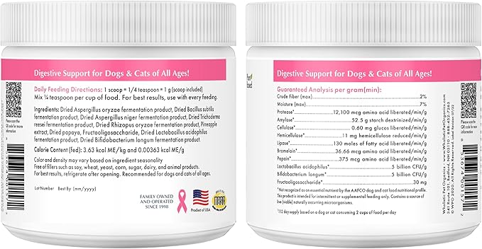 Wholistic Pet Organics Daily Cat & Dog Probiotics for Digestive Health, Anti Diarrhea & Gut Support - Probiotics for Dogs with Digestive Enzymes & Prebiotic Fiber - Cat Probiotic - 8 Oz - 227 Scoops