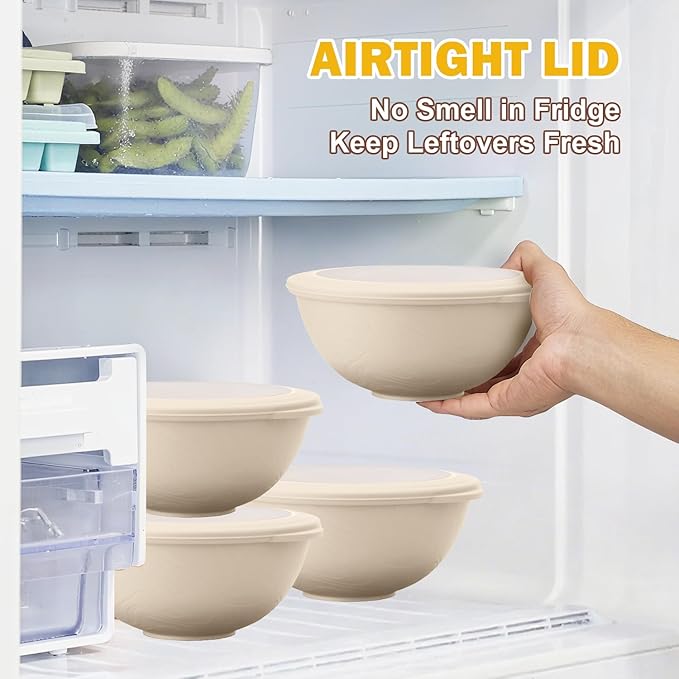 Wheat Straw Bowls Set with Lids, Unbreakable 40 OZ Large Cereal Bowls Set of 4, Salad Container for Lunch, Microwave & Dishwasher Safe Bowl Set for Kitchen, Picnic, RV, Camping, Beige