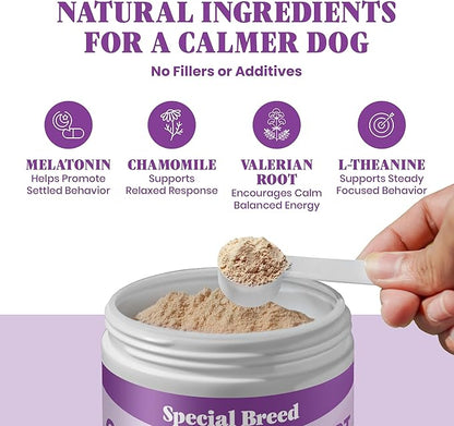 Calming Supplement for Dogs with Melatonin – Dog Calming Powder with Chamomile & Valerian Root – Supports Relaxation & Composure for Travel, Fireworks & Vet Visits - Bacon Flavor - 180 Scoops