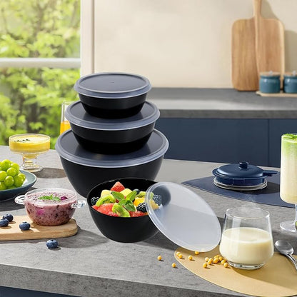 Set of 4 Plastic Prep Bowls with Lids，Microwave and Dishwasher Safe (Black)