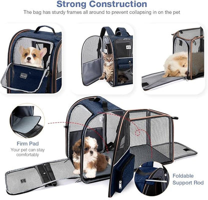 Lekebobor Extra Large Cat Backpack Carrier Expandable Pet Carrier Backpack for Small Dogs Medium Cats Fit Up to 18 Lbs, Dog Backpack Carrier, Foldable Puppy Backpack Carrier for Travel, Hiking,Blue
