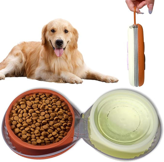 Portable Dog Travel Bowls – 2 in 1 Collapsible Silicone Bowls with Carry Case | All-in-One Food & Water Solution for Camping, Hiking, Car Travel | BPA-Free, Leash Clip, Easy Clean