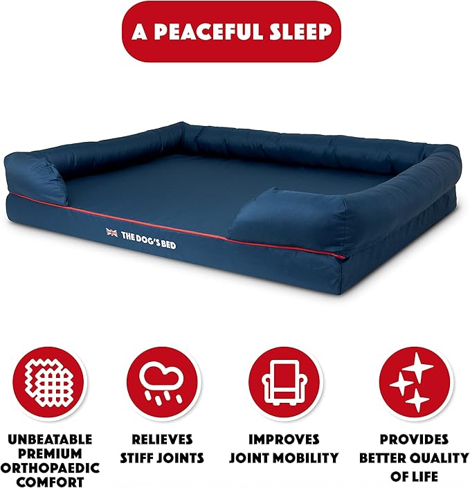 The Dog’s Bed Orthopedic Memory Foam Dog Bed with Bolsters for XXL Dogs, High Density Support Mattress, Low Front Entry, Removable Washable Cover, Oxford Fabric, Blue with Dark Red Trim, XXL